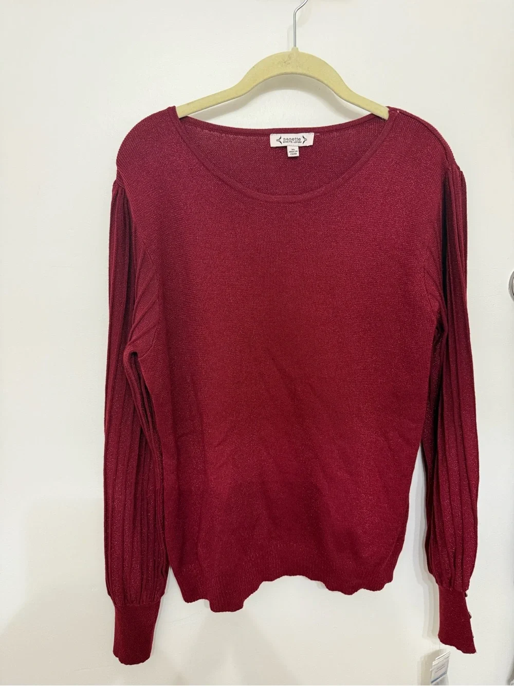 Nanette Lepore Burgundy Crewneck Sweater with Ribbed Sleeves